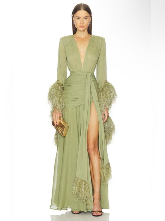 Bronx and Banco Dresses & Skirts - Bronx and Banco Revolve FWRD Geisha Ostrich Feather Gown Sage Green RARE